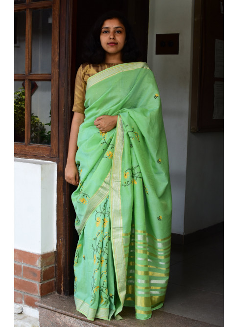 Green, Handwoven Organic Cotton, Textured Weave , Hand Embroidery, Occasion Wear, Jari, Chikankari Saree